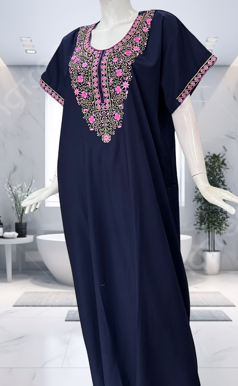 Navy Blue Embroidery Soft Cotton Nighty. Soft Breathable Fabric | Laces and Frills