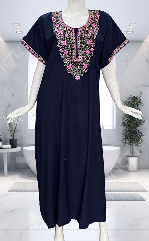 Navy Blue Embroidery Soft Cotton Nighty. Soft Breathable Fabric | Laces and Frills - Laces and Frills