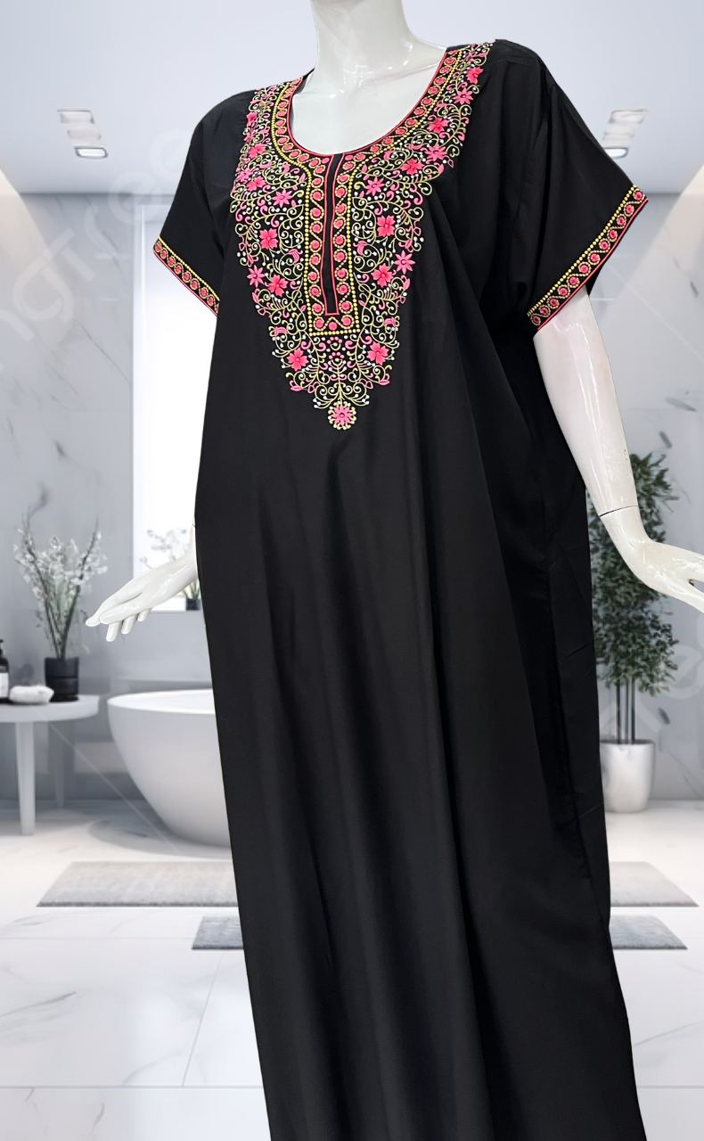 Black Embroidery Soft Cotton Nighty. Soft Breathable Fabric | Laces and Frills - Laces and Frills