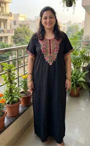 Black Embroidery Soft Cotton Nighty. Soft Breathable Fabric | Laces and Frills - Laces and Frills