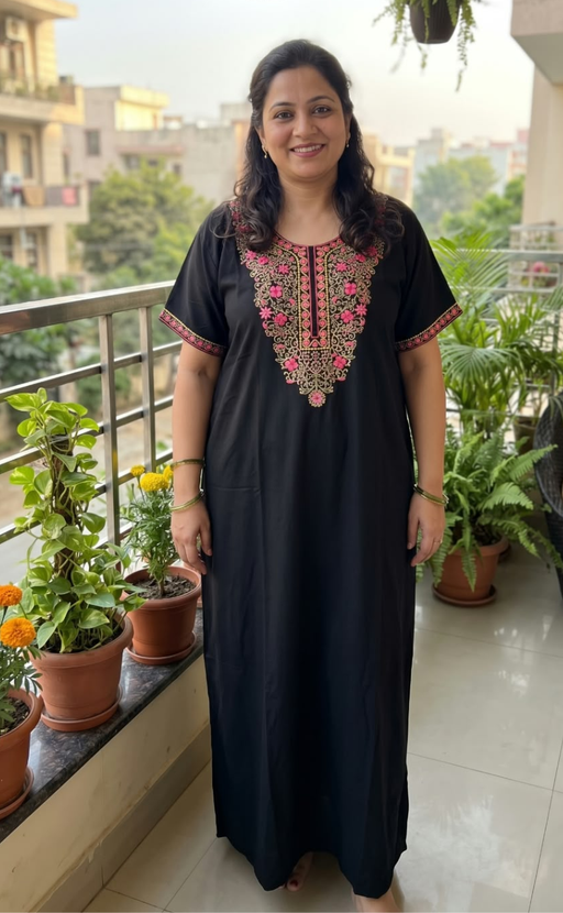 Black Embroidery Soft Cotton Nighty. Soft Breathable Fabric | Laces and Frills - Laces and Frills