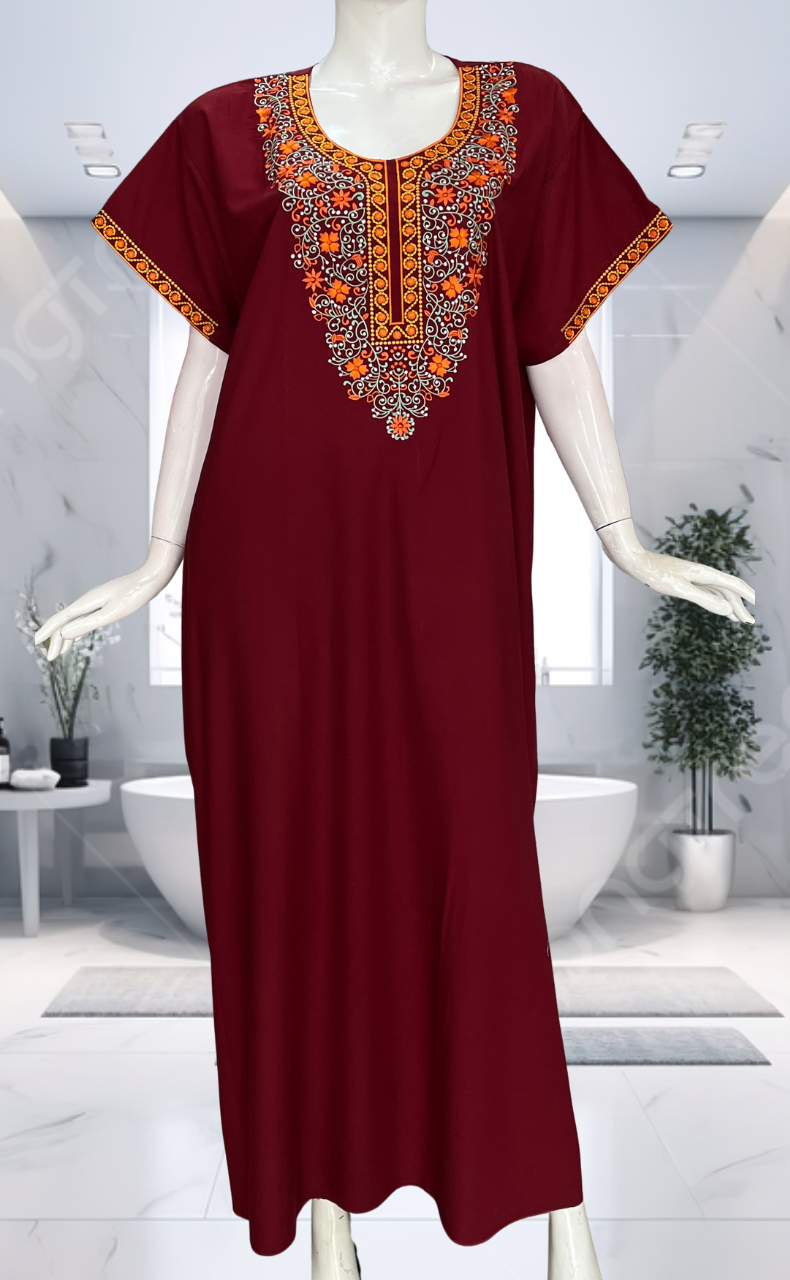 Maroon Embroidery Soft Cotton Nighty. Soft Breathable Fabric | Laces and Frills