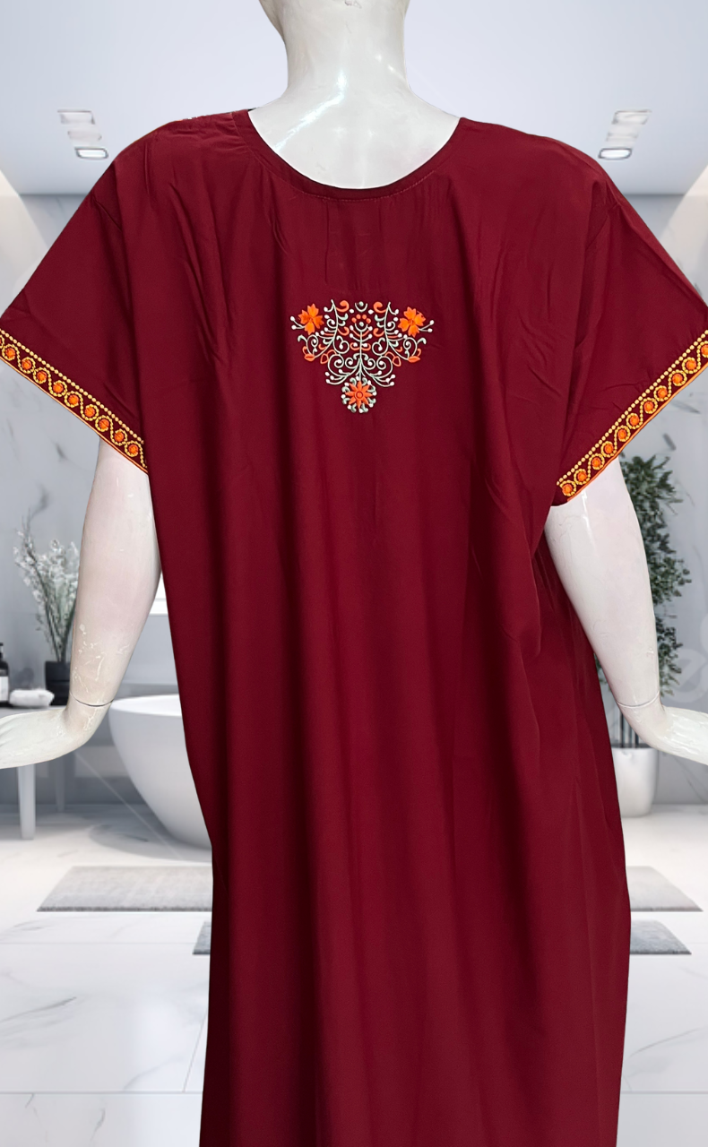Maroon Embroidery Soft Cotton Nighty. Soft Breathable Fabric | Laces and Frills