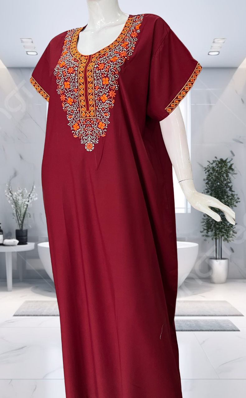 Maroon Embroidery Soft Cotton Nighty. Soft Breathable Fabric | Laces and Frills