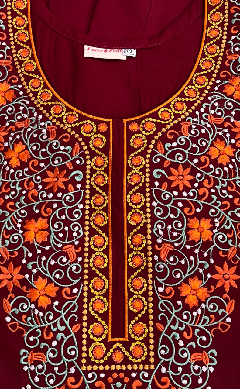 Maroon Embroidery Soft Cotton Nighty. Soft Breathable Fabric | Laces and Frills