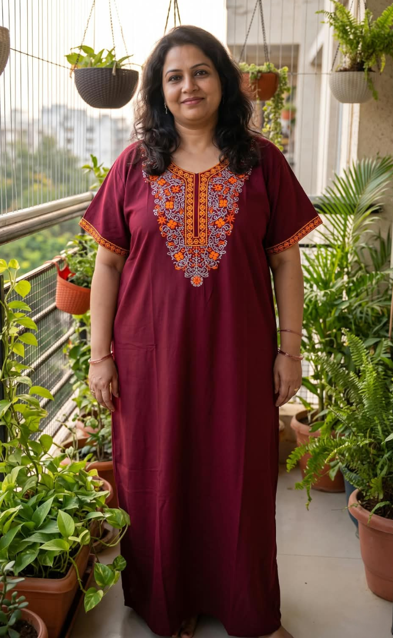 Maroon Embroidery Soft Cotton Nighty. Soft Breathable Fabric | Laces and Frills