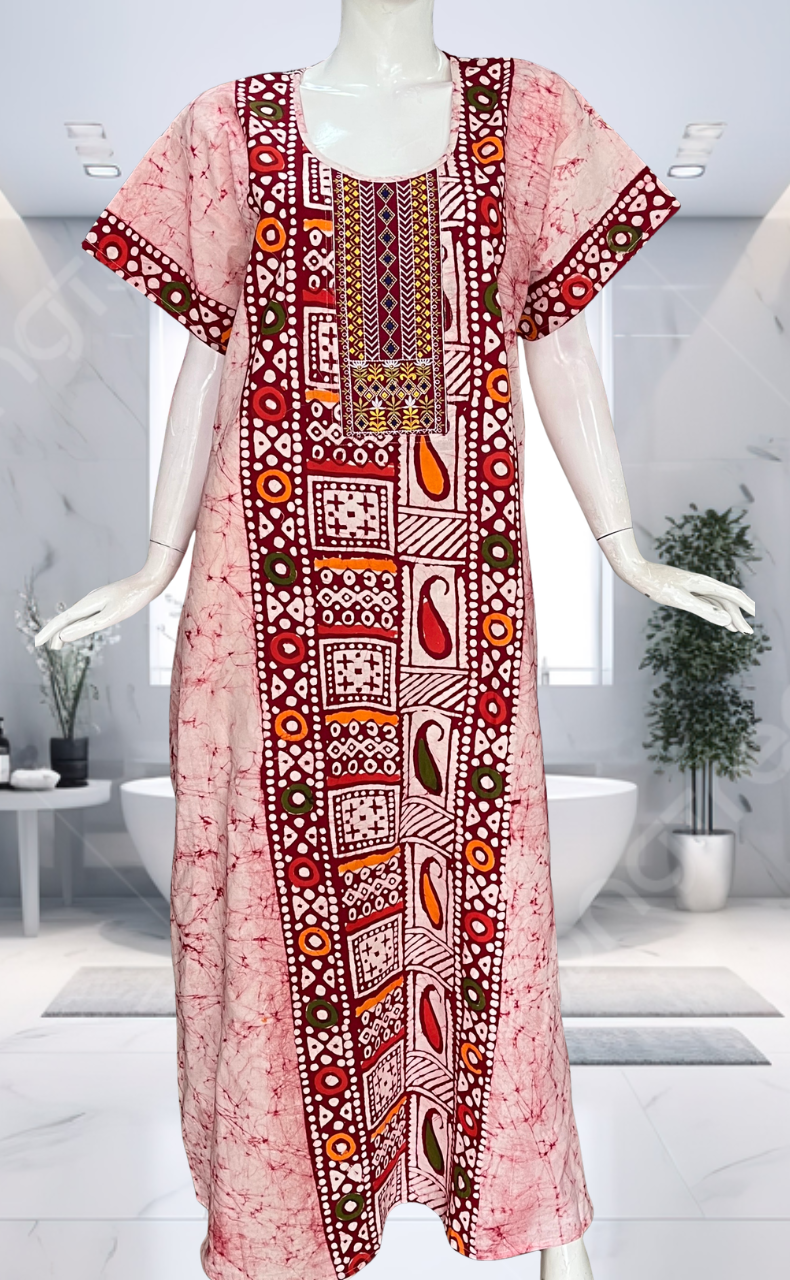 Maroon Batik Pure Cotton Nighty. Pure Durable Cotton | Laces and Frills