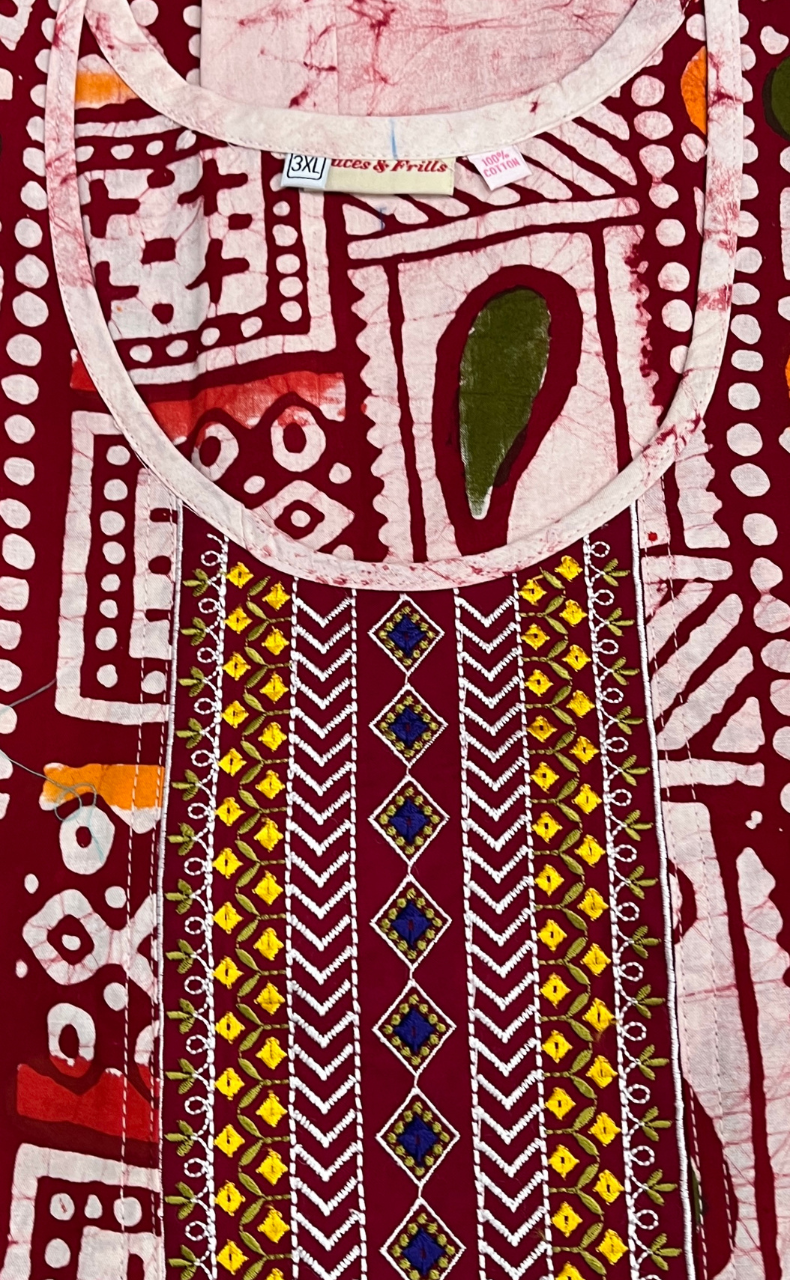 Maroon Batik Pure Cotton Nighty. Pure Durable Cotton | Laces and Frills
