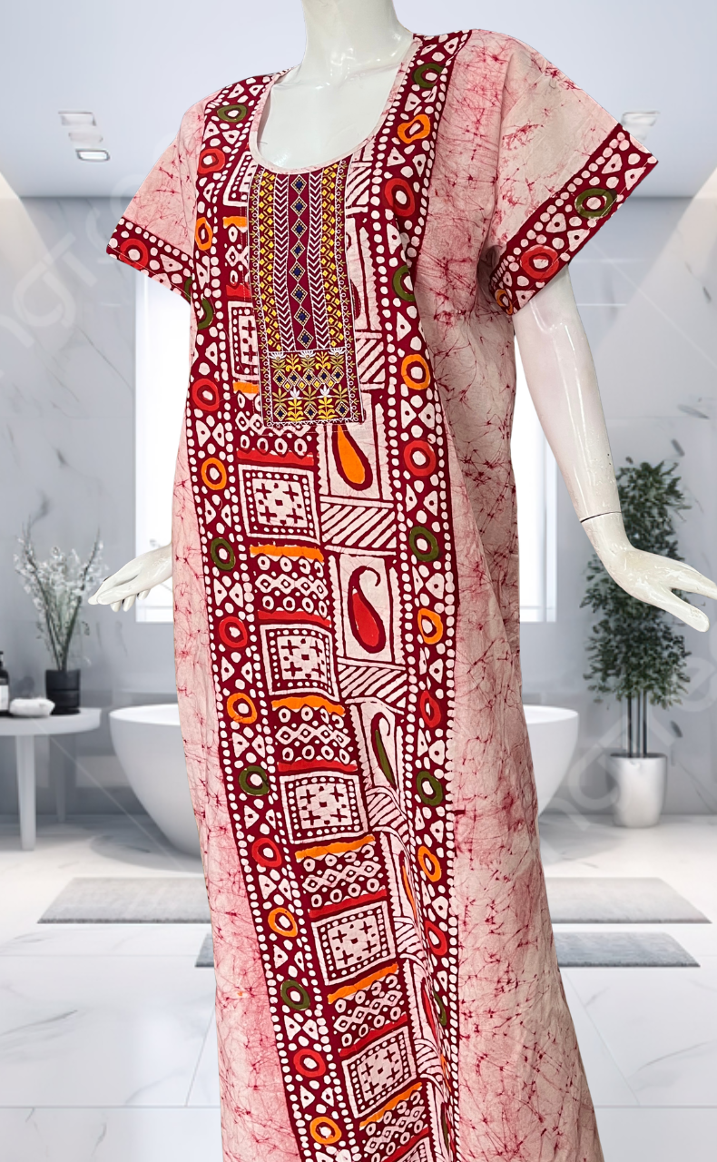 Maroon Batik Pure Cotton Nighty. Pure Durable Cotton | Laces and Frills