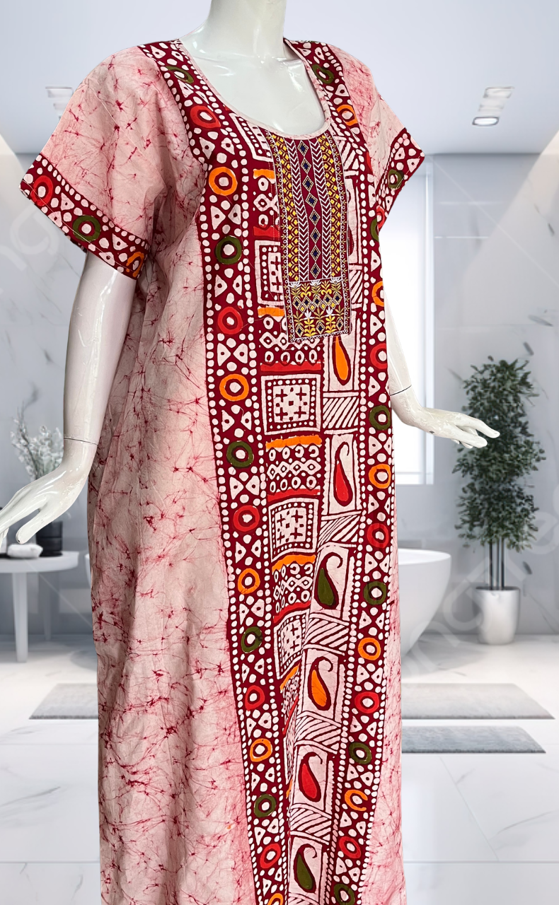 Maroon Batik Pure Cotton Nighty. Pure Durable Cotton | Laces and Frills