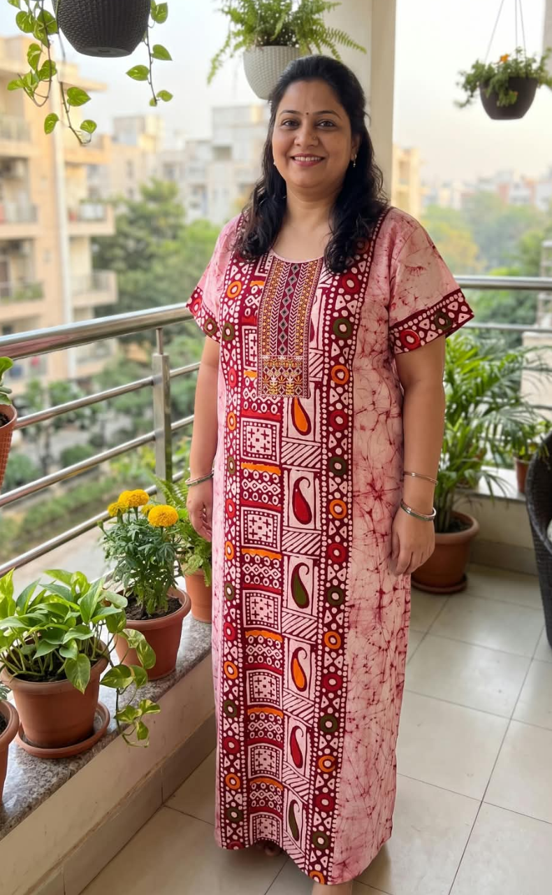 Maroon Batik Pure Cotton Nighty. Pure Durable Cotton | Laces and Frills