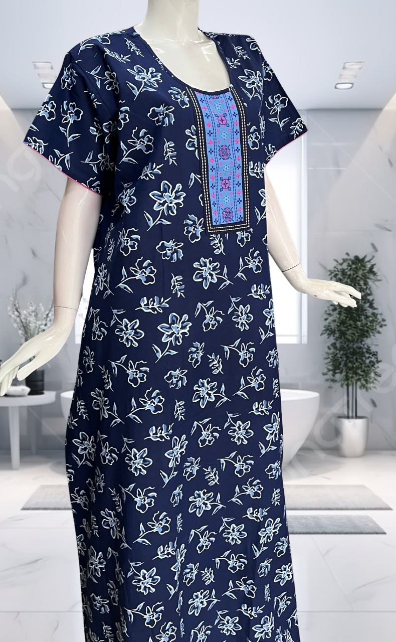 Blue Floral Pure Cotton Nighty. Pure Durable Cotton | Laces and Frills