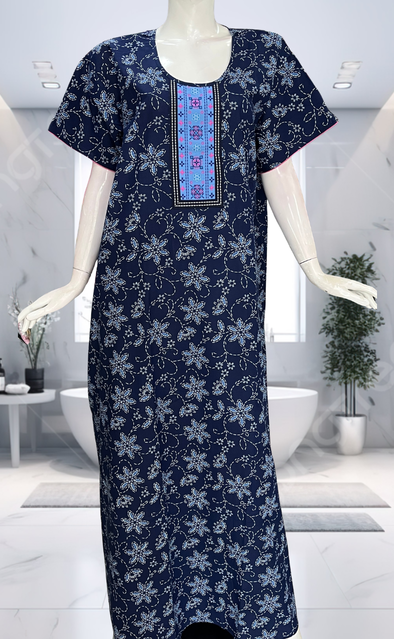 Blue Floral Pure Cotton Nighty. Pure Durable Cotton | Laces and Frills