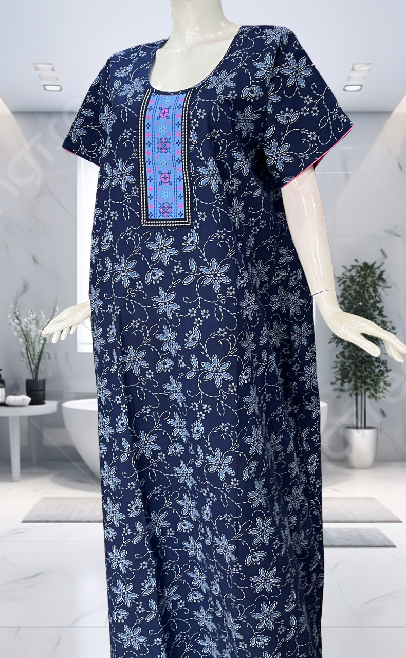Blue Floral Pure Cotton Nighty. Pure Durable Cotton | Laces and Frills