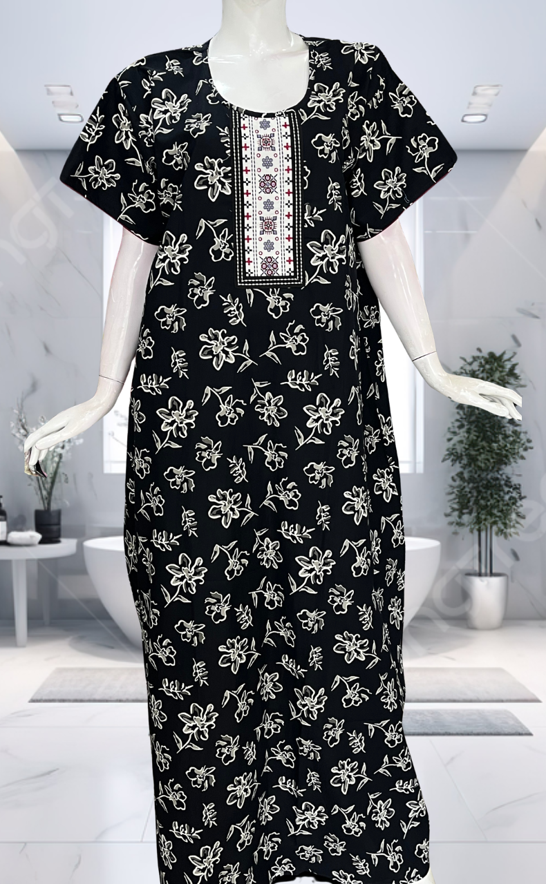 Black Floral Pure Cotton Nighty. Pure Durable Cotton | Laces and Frills