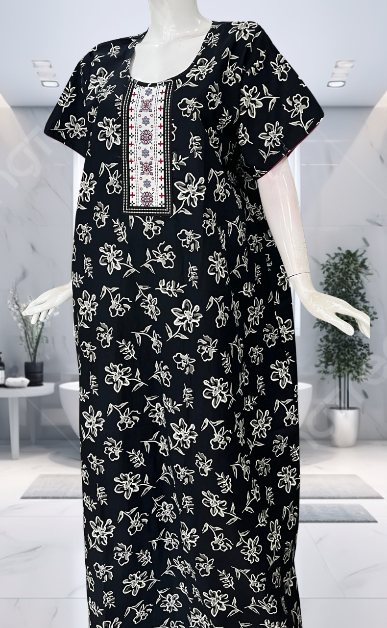 Black Floral Pure Cotton Nighty. Pure Durable Cotton | Laces and Frills