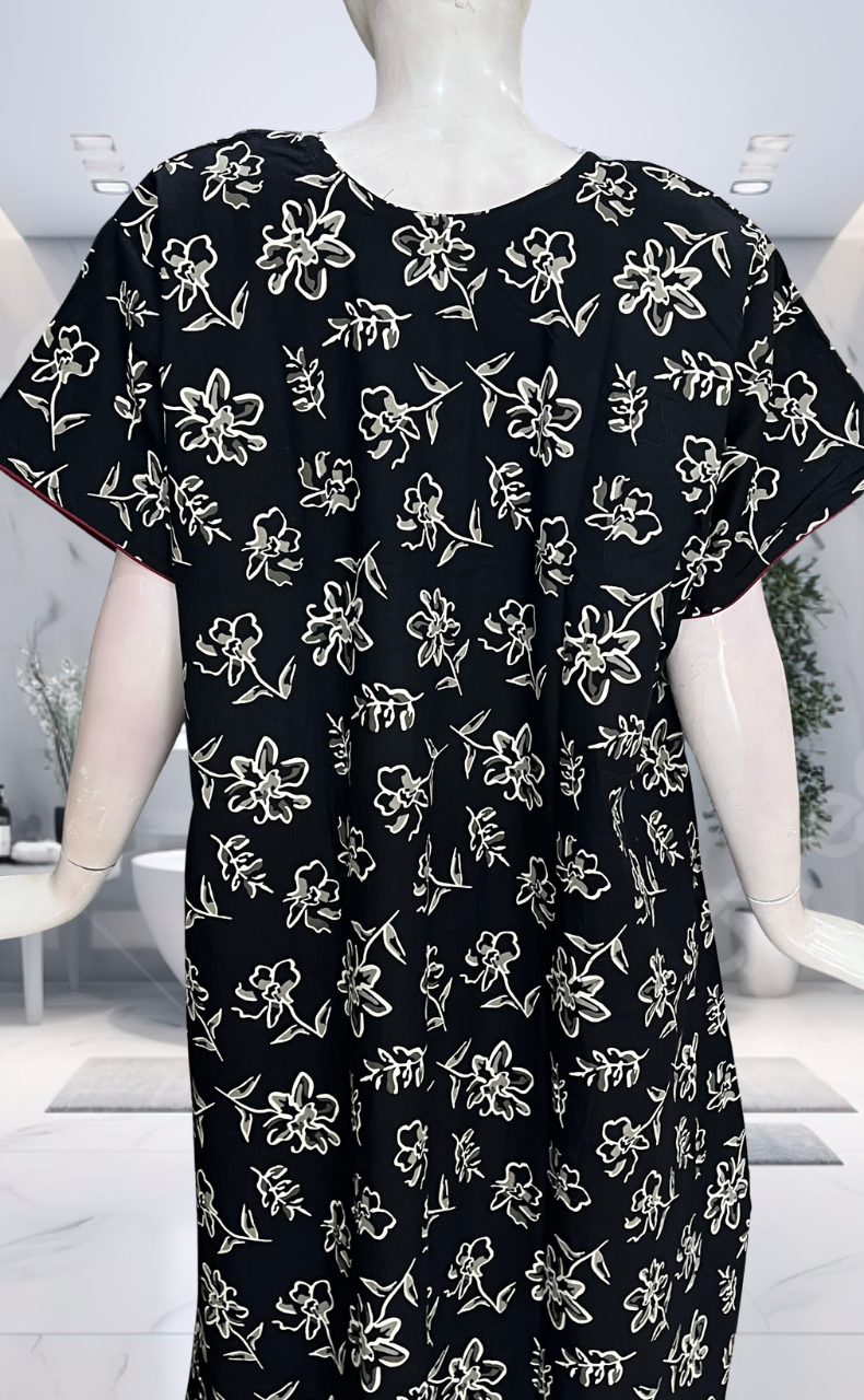 Black Floral Pure Cotton Nighty. Pure Durable Cotton | Laces and Frills