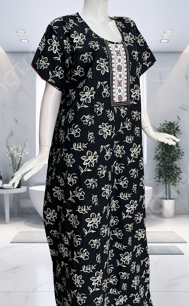 Black Floral Pure Cotton Nighty. Pure Durable Cotton | Laces and Frills