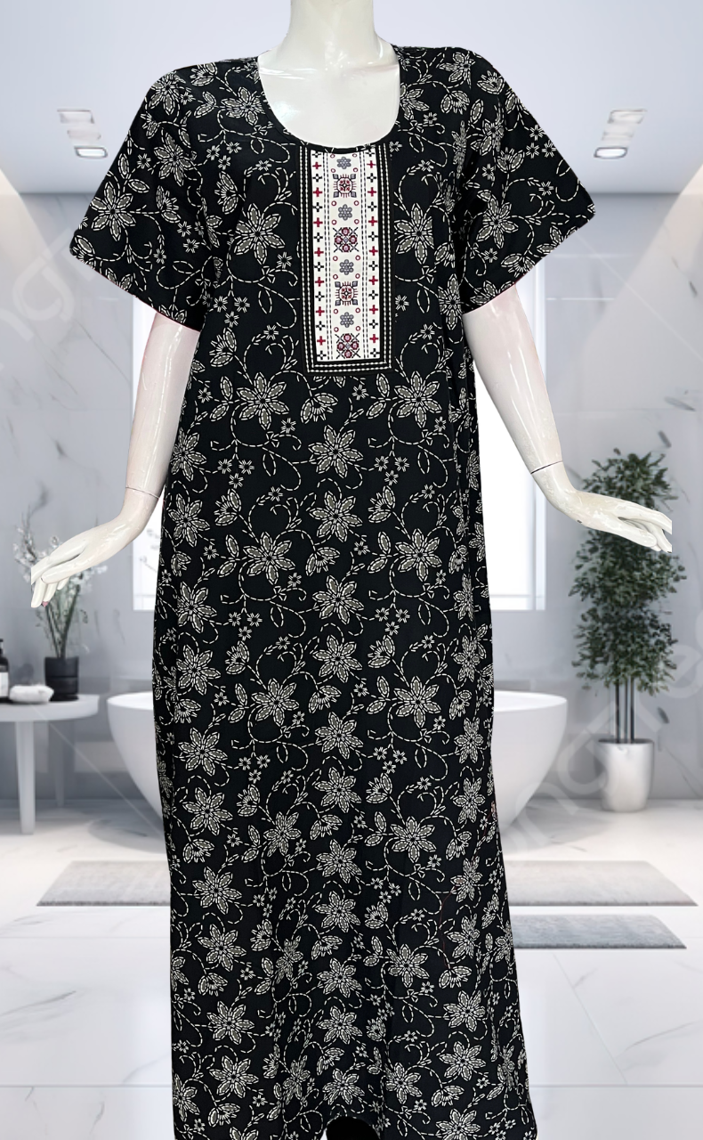 Black Floral Pure Cotton Nighty. Pure Durable Cotton | Laces and Frills