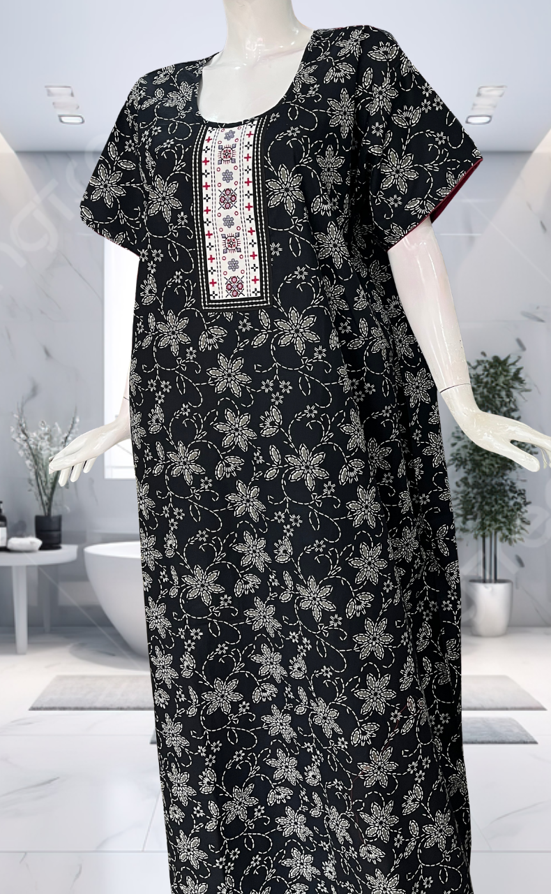 Black Floral Pure Cotton Nighty. Pure Durable Cotton | Laces and Frills