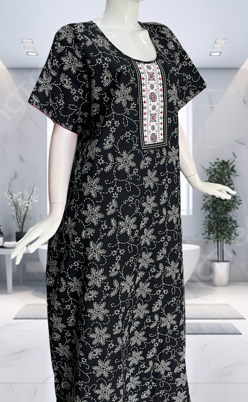 Black Floral Pure Cotton Nighty. Pure Durable Cotton | Laces and Frills