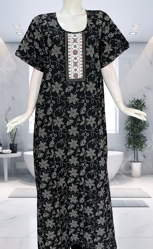 Black Floral Pure Cotton Nighty. Pure Durable Cotton | Laces and Frills - Laces and Frills