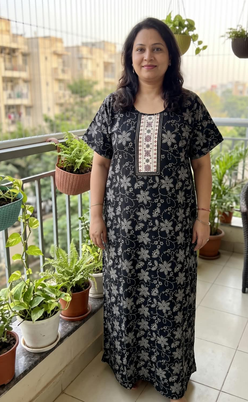 Black Floral Pure Cotton Nighty. Pure Durable Cotton | Laces and Frills