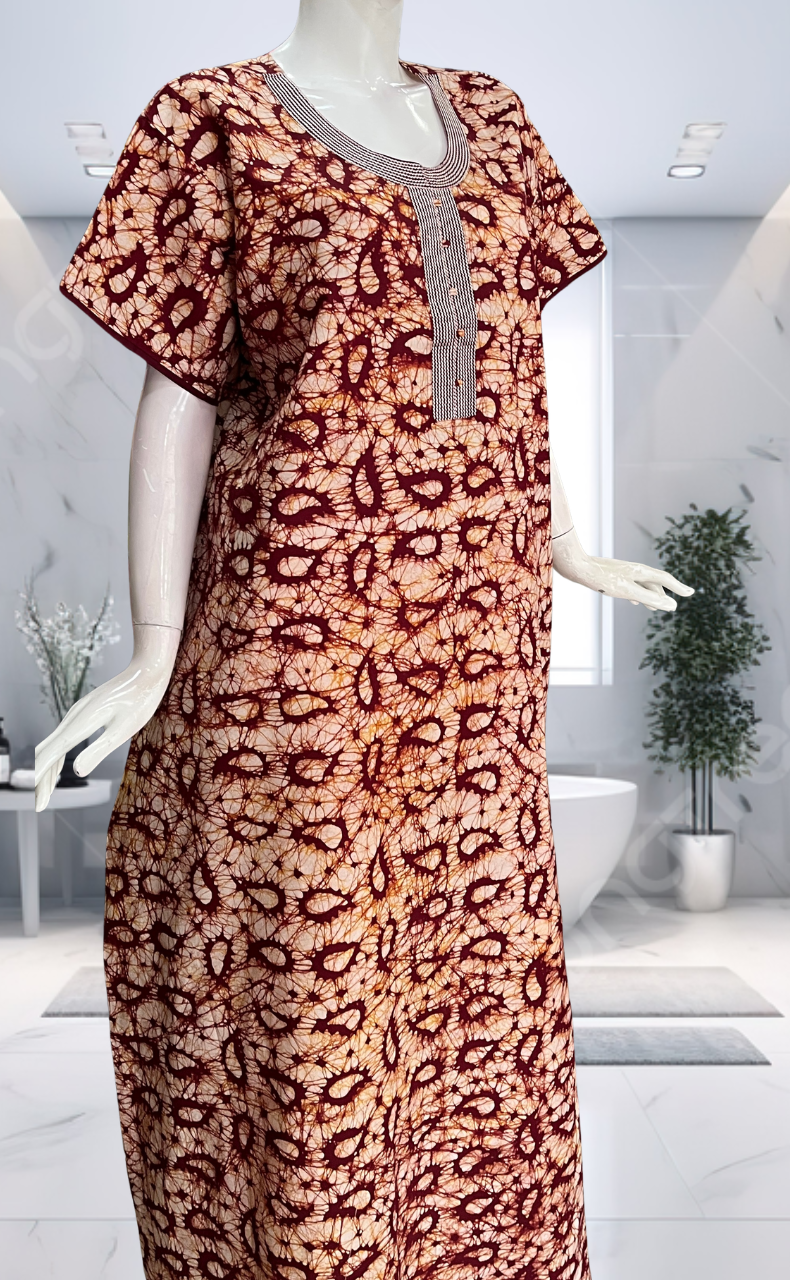 Maroon Batik Pure Cotton Nighty. Pure Durable Cotton | Laces and Frills - Laces and Frills