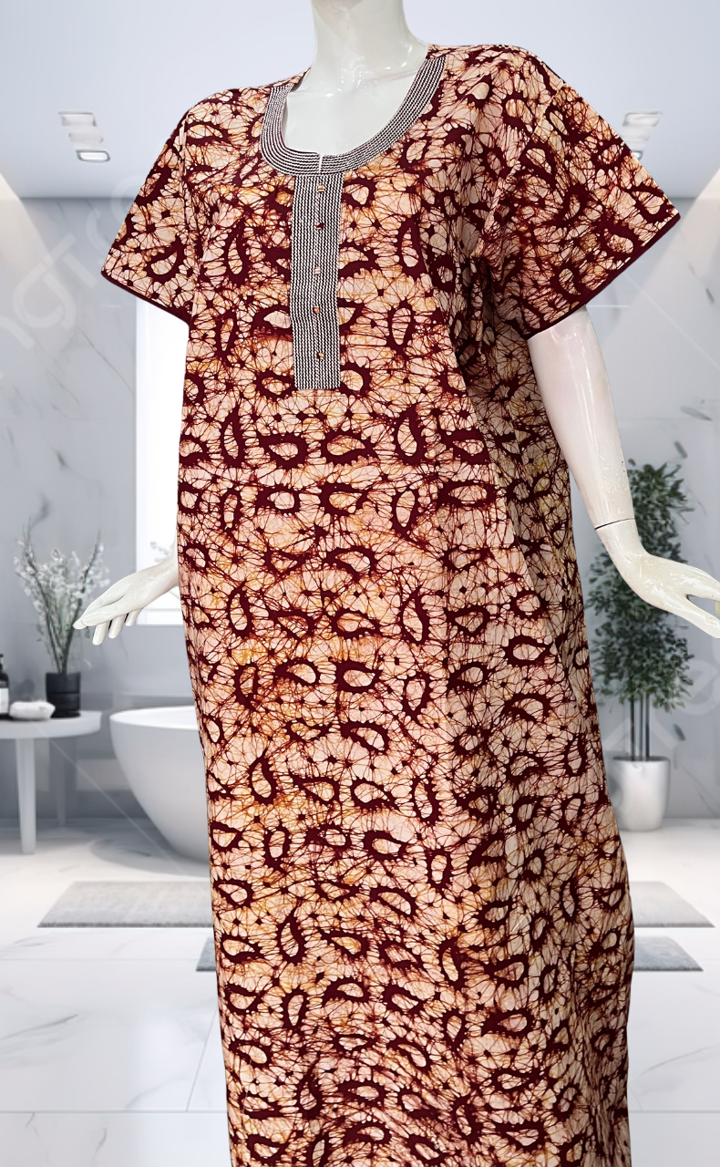 Maroon Batik Pure Cotton Nighty. Pure Durable Cotton | Laces and Frills - Laces and Frills