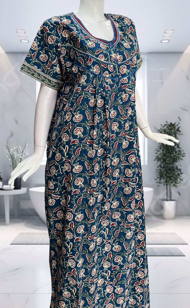 Blue Floral Pure Cotton Nighty. Pure Durable Cotton | Laces and Frills