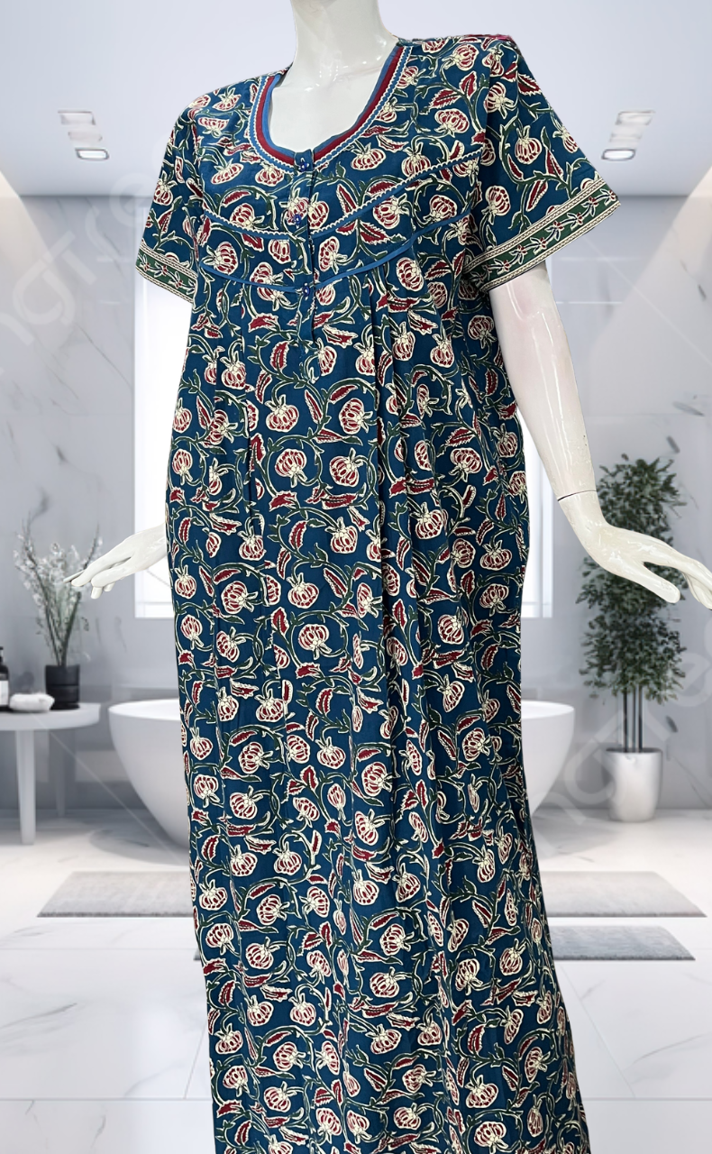 Blue Floral Pure Cotton Nighty. Pure Durable Cotton | Laces and Frills