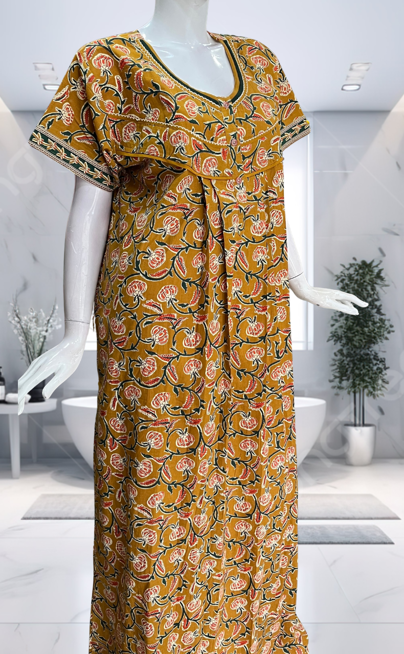 Mustard Floral Pure Cotton Nighty. Pure Durable Cotton | Laces and Frills