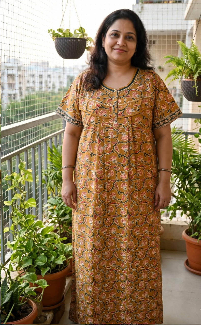 Mustard Floral Pure Cotton Nighty. Pure Durable Cotton | Laces and Frills