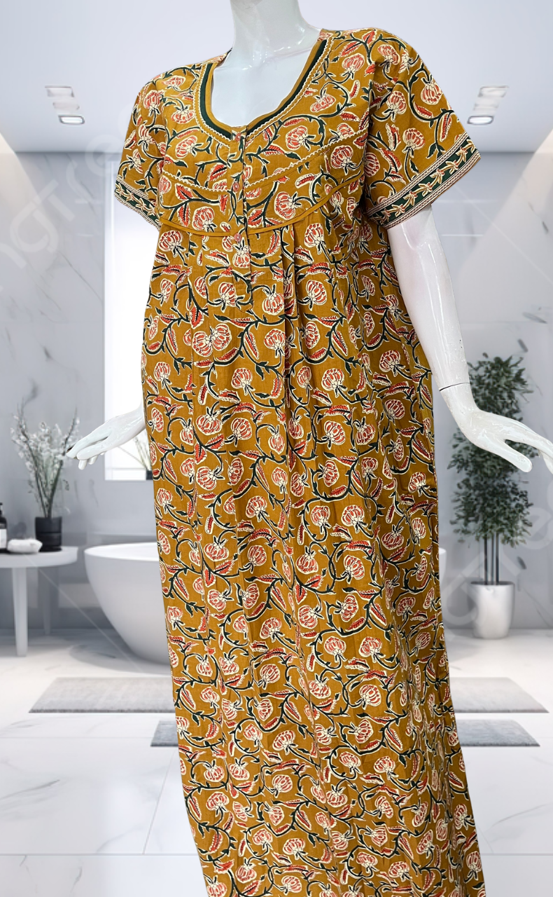 Mustard Floral Pure Cotton Nighty. Pure Durable Cotton | Laces and Frills