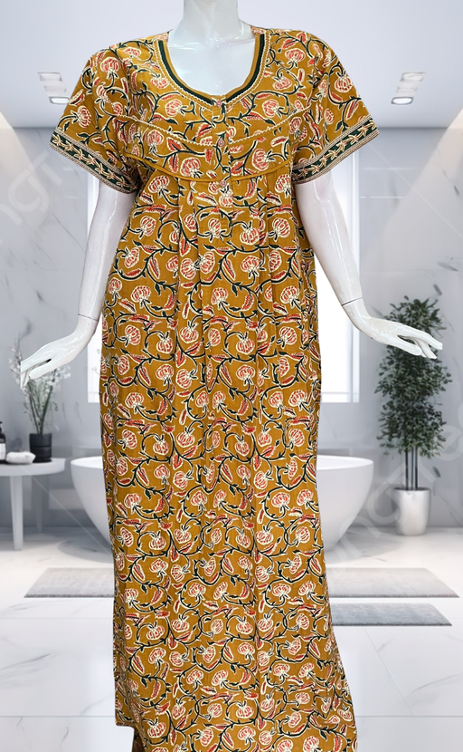 Mustard Floral Pure Cotton Nighty. Pure Durable Cotton | Laces and Frills - Laces and Frills