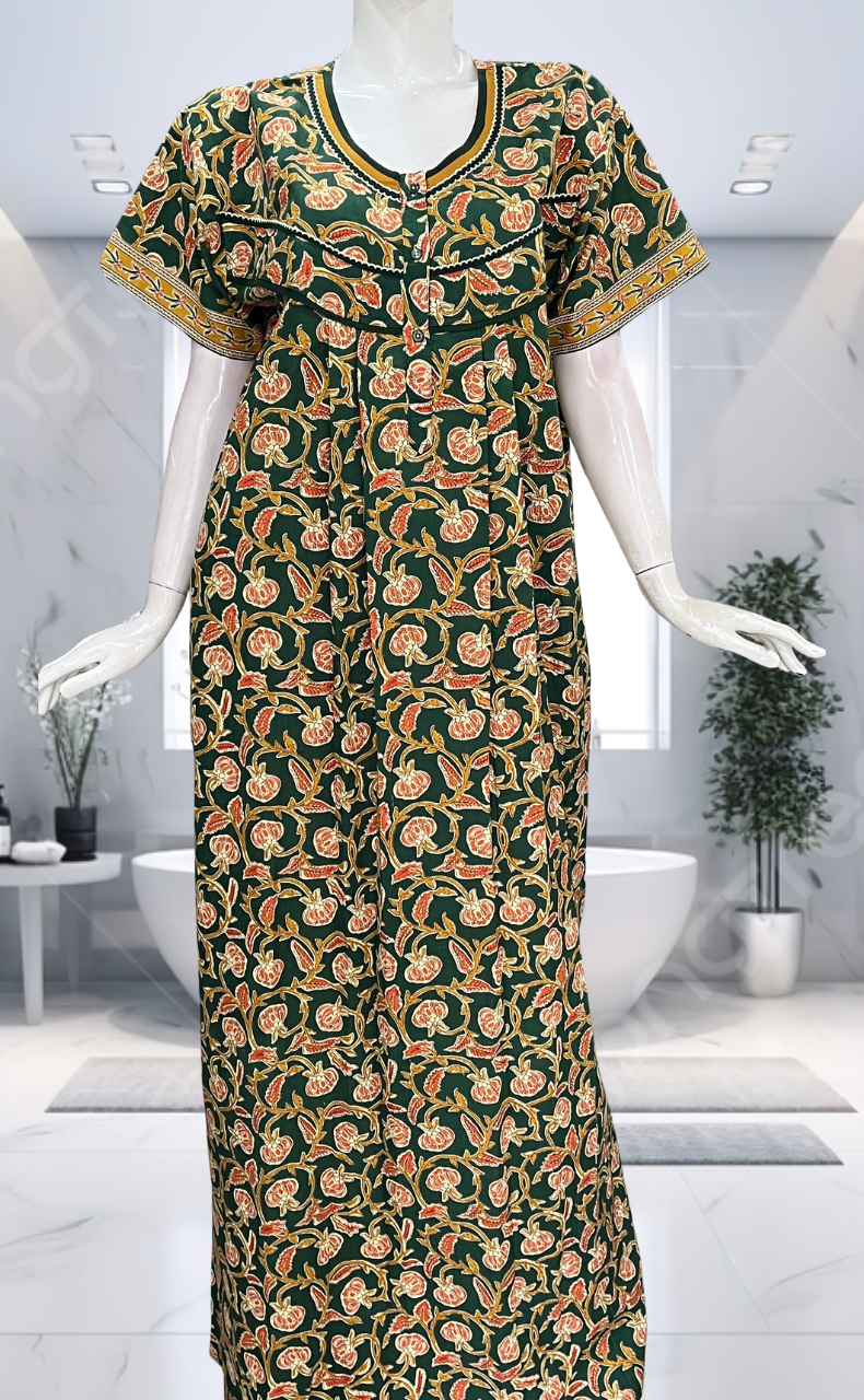 Green Floral Pure Cotton Nighty. Pure Durable Cotton | Laces and Frills - Laces and Frills