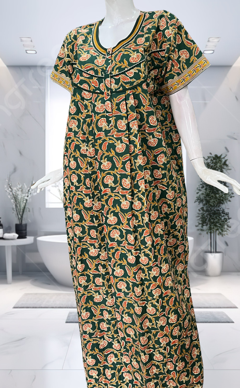 Green Floral Pure Cotton Nighty. Pure Durable Cotton | Laces and Frills - Laces and Frills