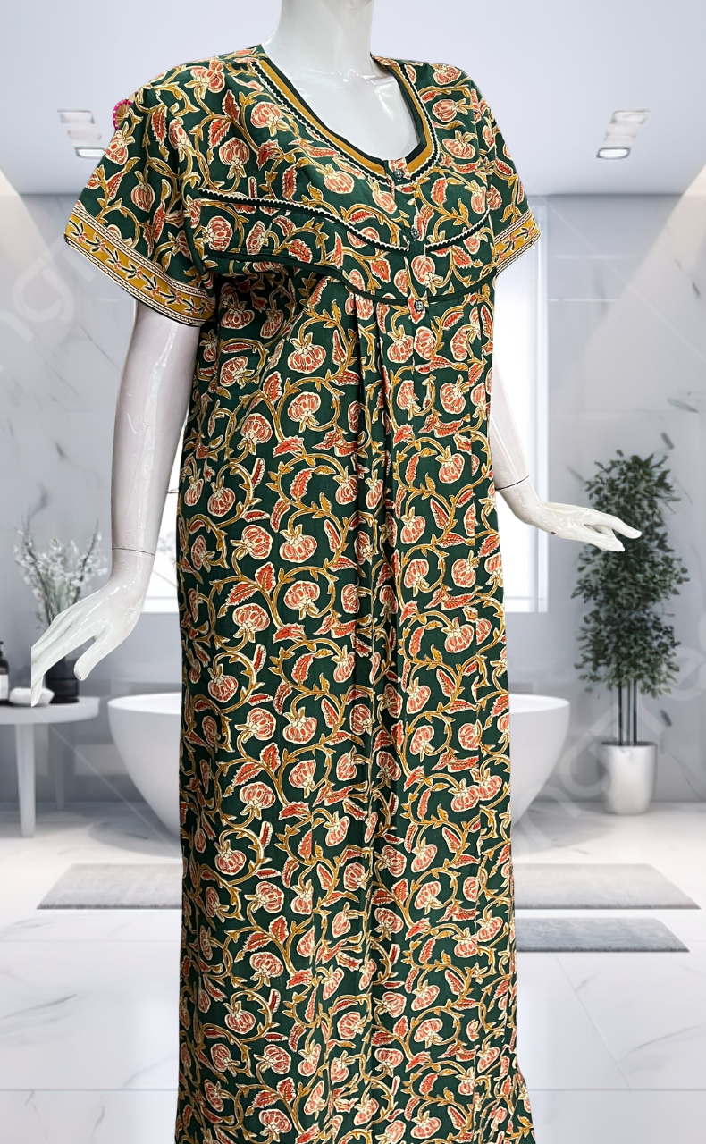 Green Floral Pure Cotton Nighty. Pure Durable Cotton | Laces and Frills - Laces and Frills