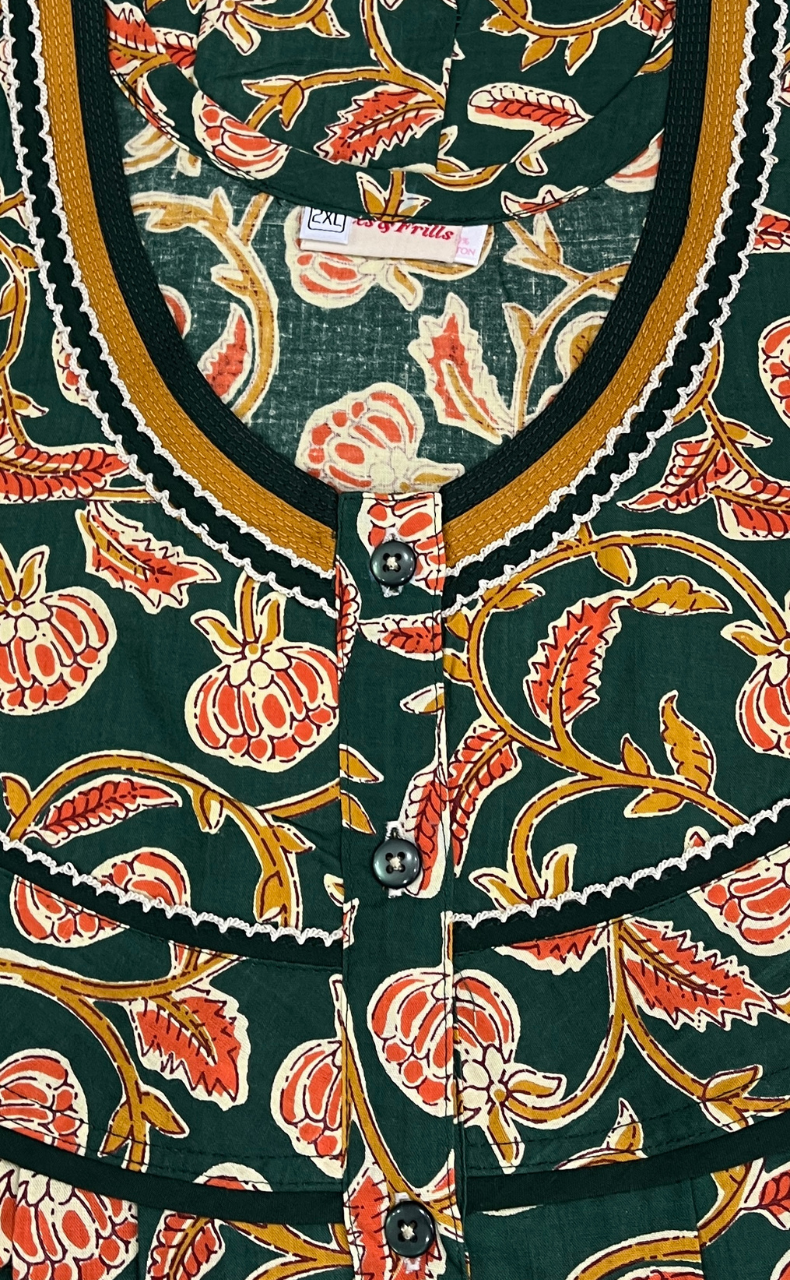 Green Floral Pure Cotton Nighty. Pure Durable Cotton | Laces and Frills - Laces and Frills