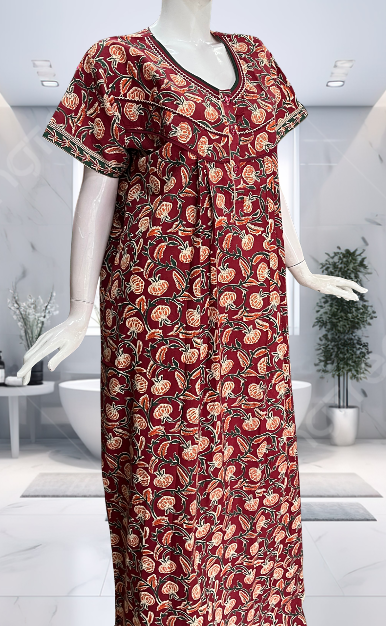 Maroon Floral Pure Cotton Nighty. Pure Durable Cotton | Laces and Frills