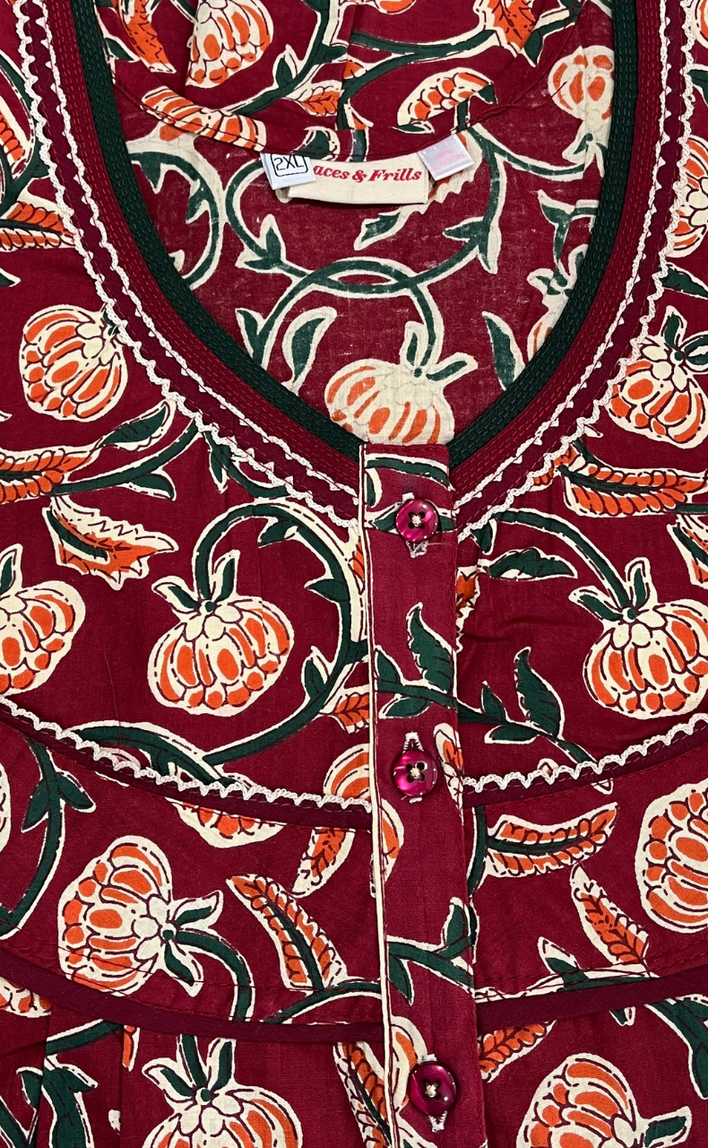 Maroon Floral Pure Cotton Nighty. Pure Durable Cotton | Laces and Frills