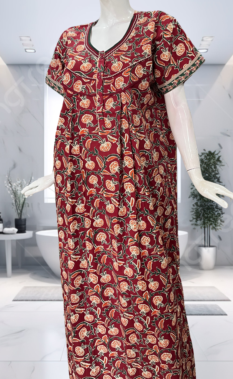 Maroon Floral Pure Cotton Nighty. Pure Durable Cotton | Laces and Frills