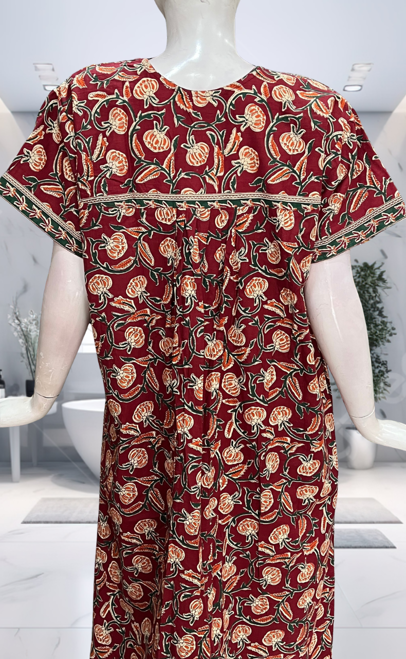 Maroon Floral Pure Cotton Nighty. Pure Durable Cotton | Laces and Frills