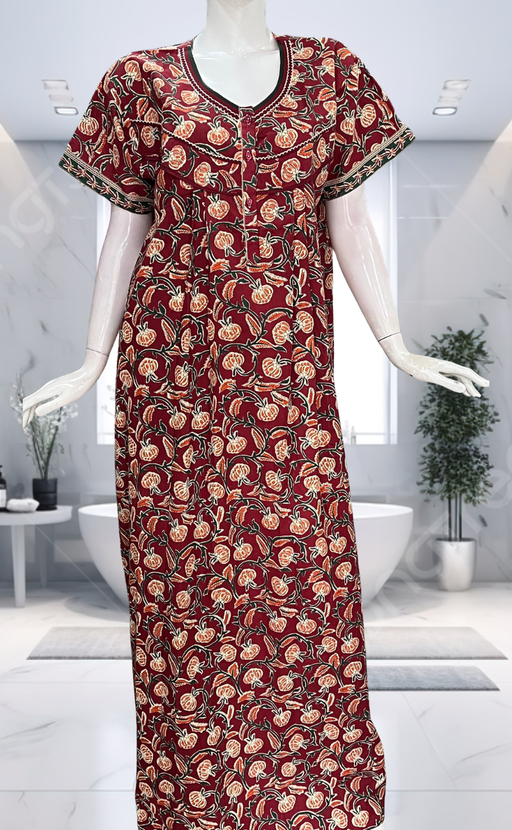 Maroon Floral Pure Cotton Nighty. Pure Durable Cotton | Laces and Frills - Laces and Frills