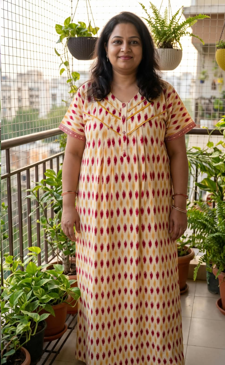 Red Ikat Pure Cotton Nighty. Pure Durable Cotton | Laces and Frills