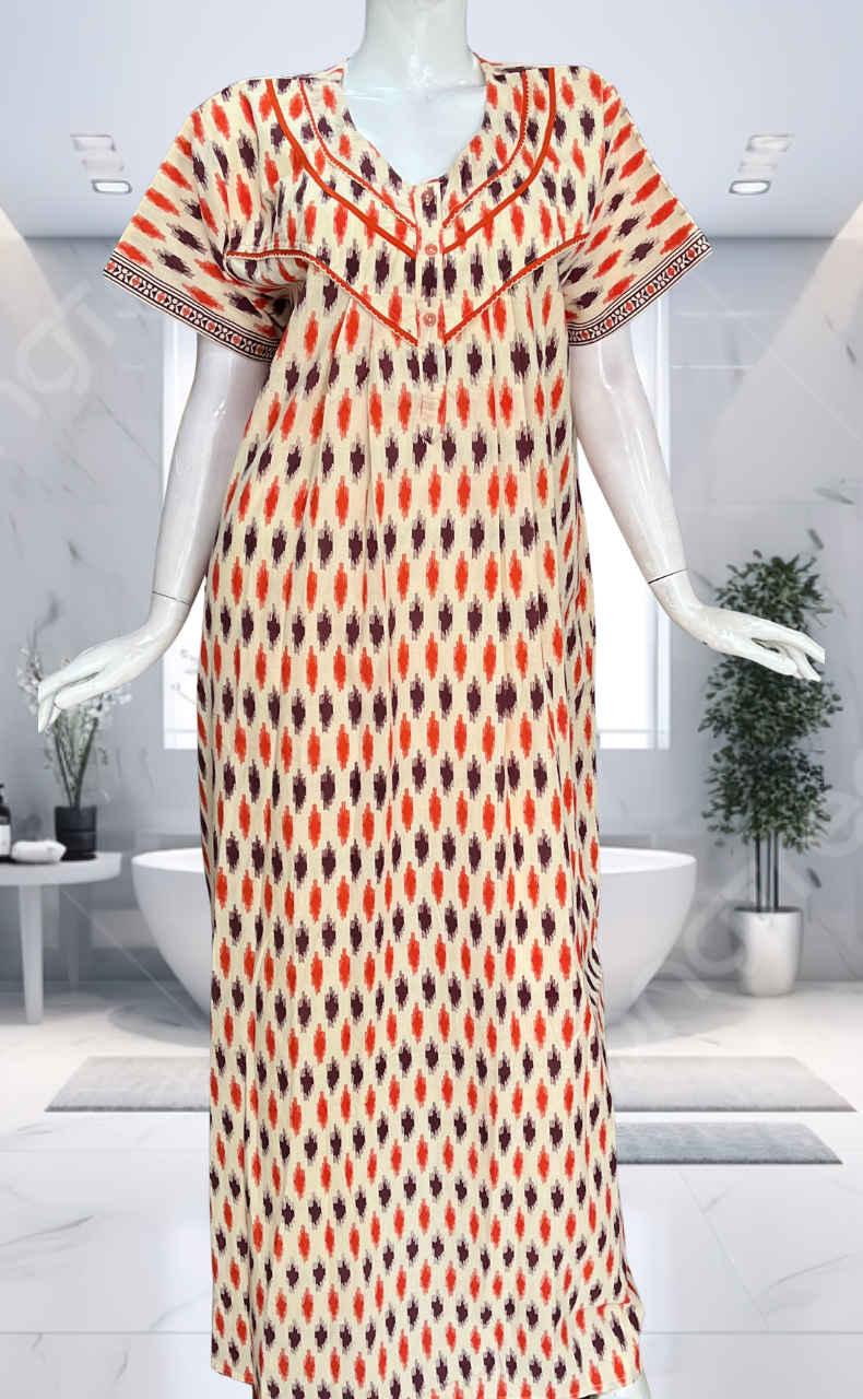 Orange Ikat Pure Cotton Nighty. Pure Durable Cotton | Laces and Frills - Laces and Frills