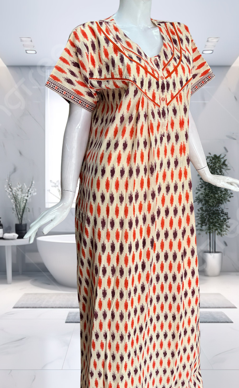 Orange Ikat Pure Cotton Nighty. Pure Durable Cotton | Laces and Frills - Laces and Frills