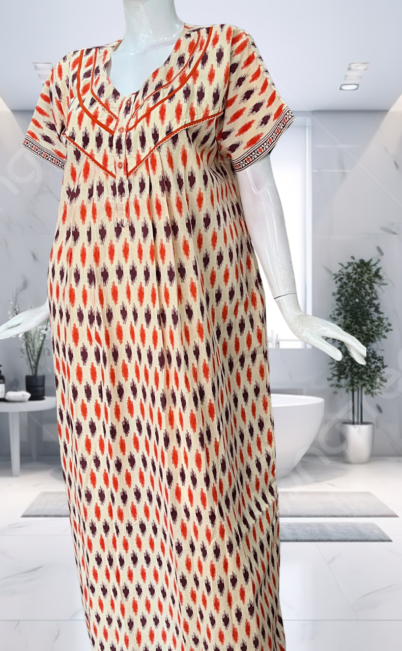 Orange Ikat Pure Cotton Nighty. Pure Durable Cotton | Laces and Frills - Laces and Frills