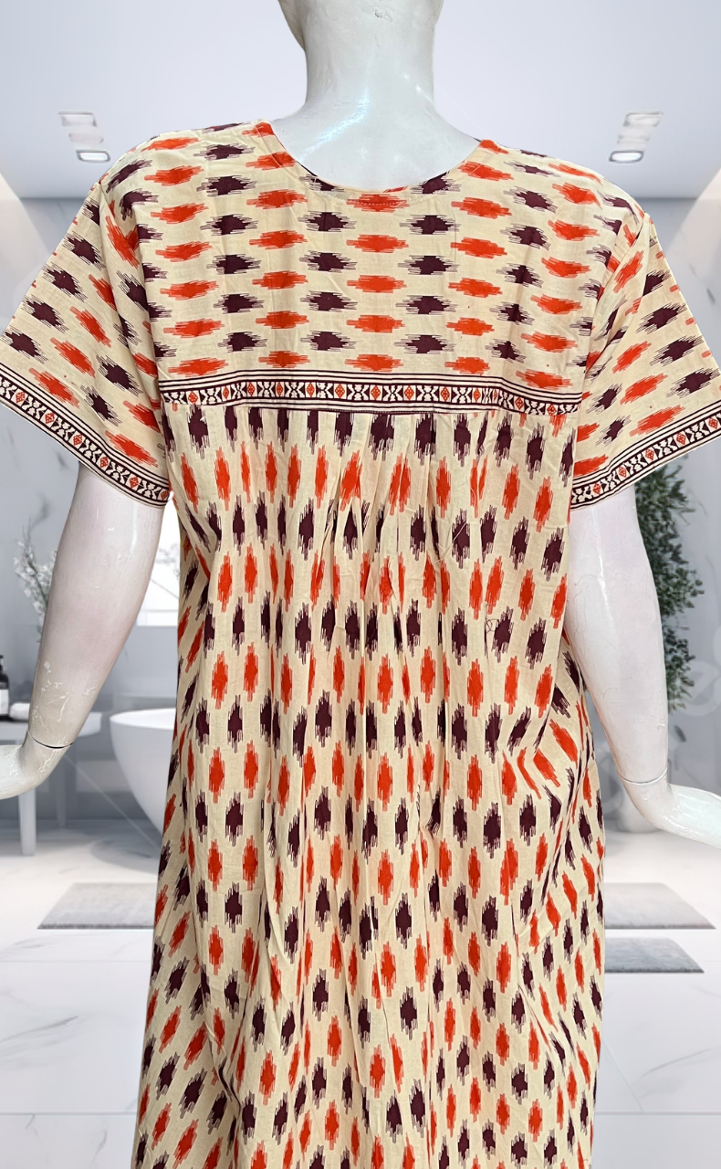 Orange Ikat Pure Cotton Nighty. Pure Durable Cotton | Laces and Frills - Laces and Frills
