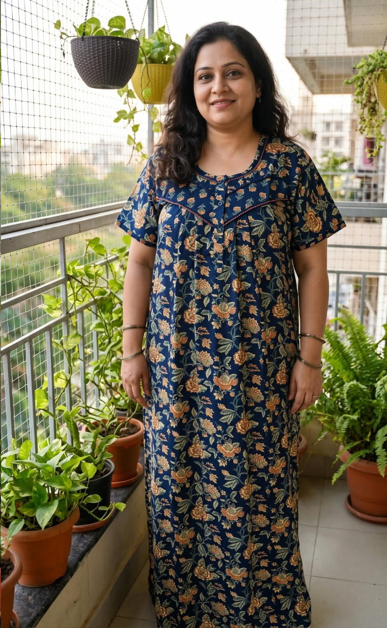 Blue Garden Pure Cotton Nighty. Pure Durable Cotton | Laces and Frills